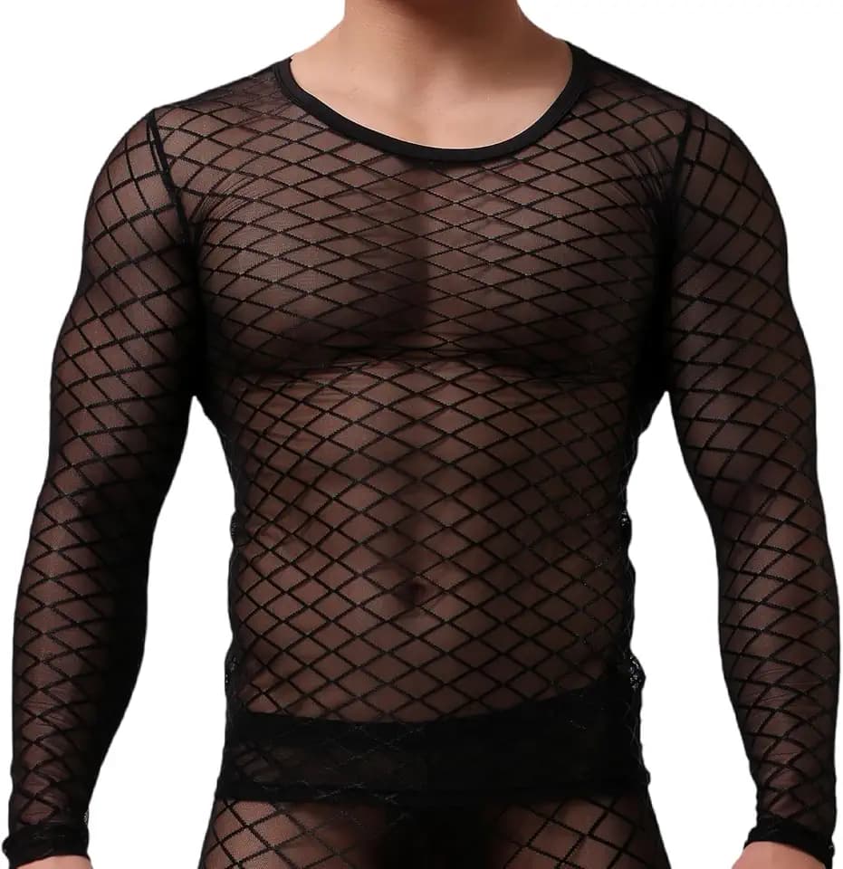 AIEOE Herren Mesh Tops Langarm Sport Muskelshirt Durchsichtiges Sexy Unterhemd Elastisch Skinny Netzshirt Clubwear M-XL