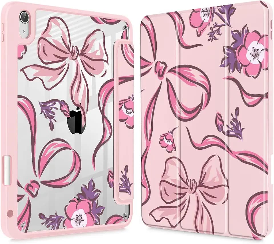 Mektron Case for 2025 iPad 11 inch (A16 Chip) 11th Gen Fit iPad 10th Gen10.9 inch 2022, Buit in Pencil Holder with Shockproof Cover Clear Shell + Trifold Stand, Flowers-Bows-Pink