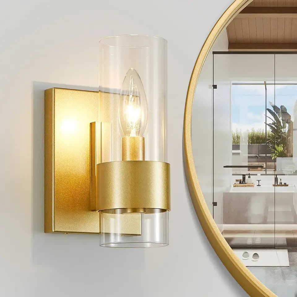 WUZUPS Set of 2 1-Light Bathroom Wall Light Fixture Over Mirror Flat Class Shade Morden Vanity Scones for Bathroom Bedroom Living Room, E12 Base, Gold