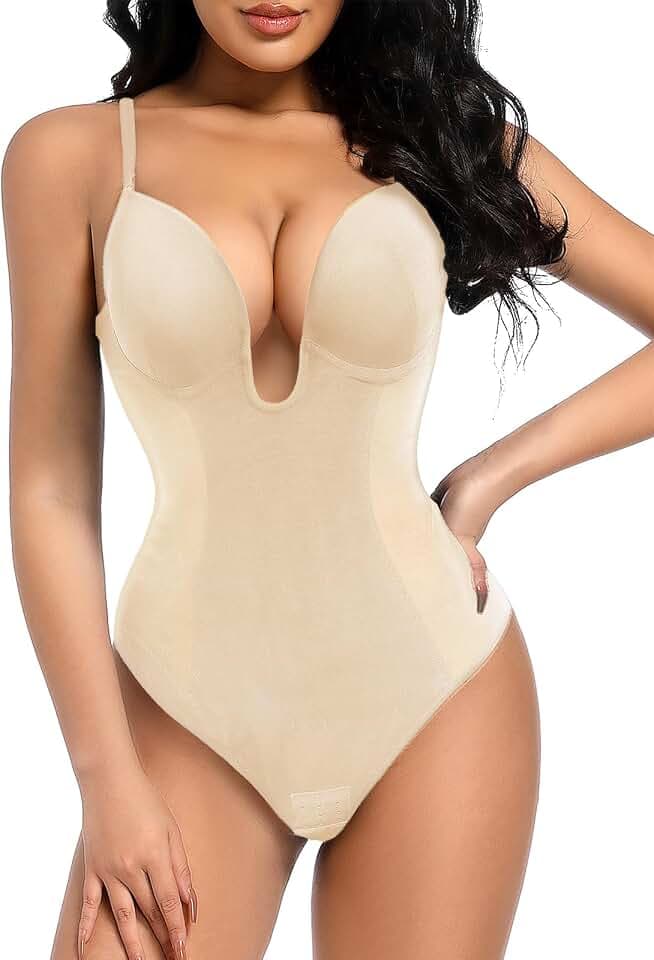 Decorus Figurformender Damen-Body mit niedrigem Rücken, Bauchkontrolle, tiefem V-Ausschnitt, rückenfrei, mit String, Braut-Body mit integriertem BH