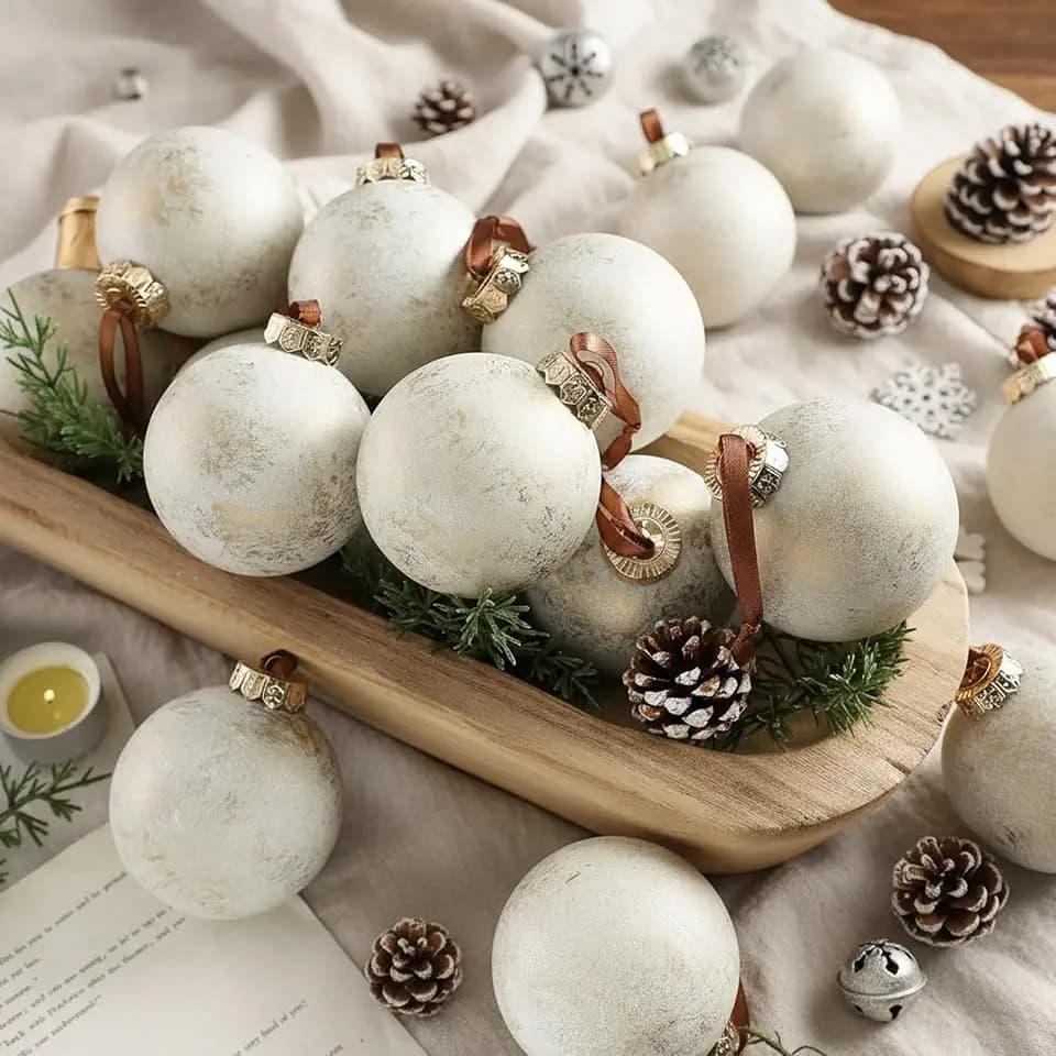 Yunlly 12 Pcs Textured Christmas Ornament 2.36'' Tree Decor,Ivory