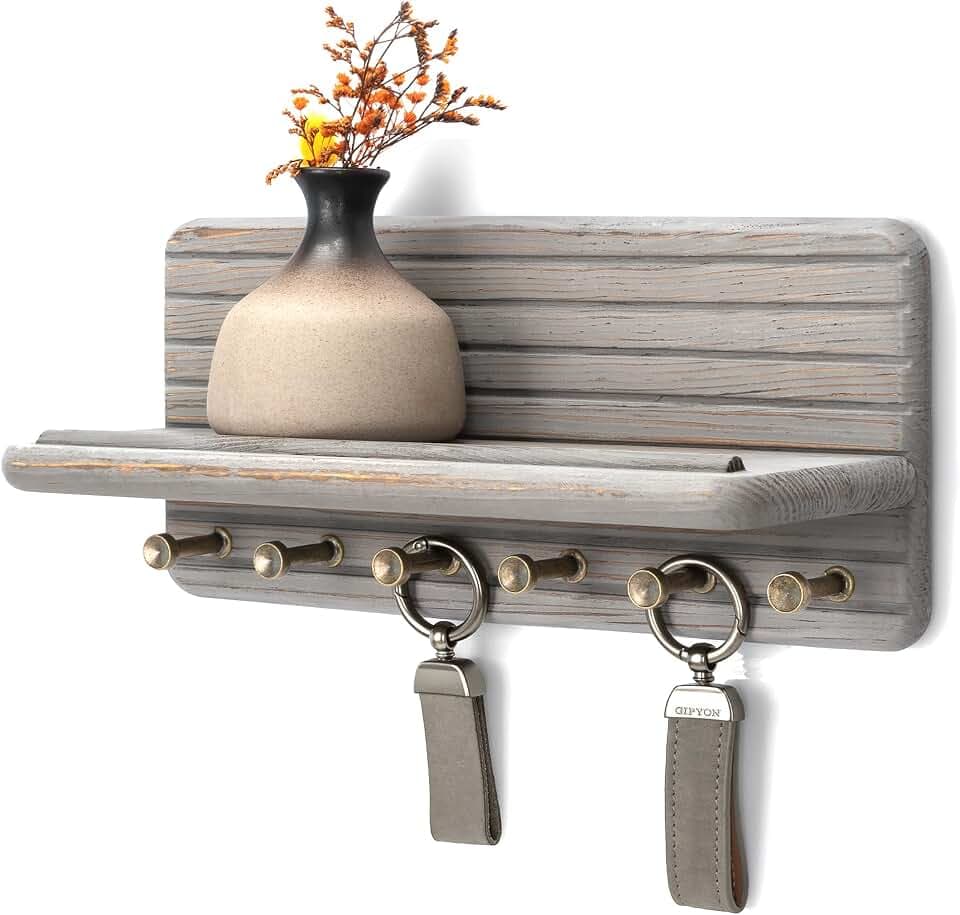 Rebee Vision Pine Wood Key Holder Wall Mount for Entryway, Distressed Gray