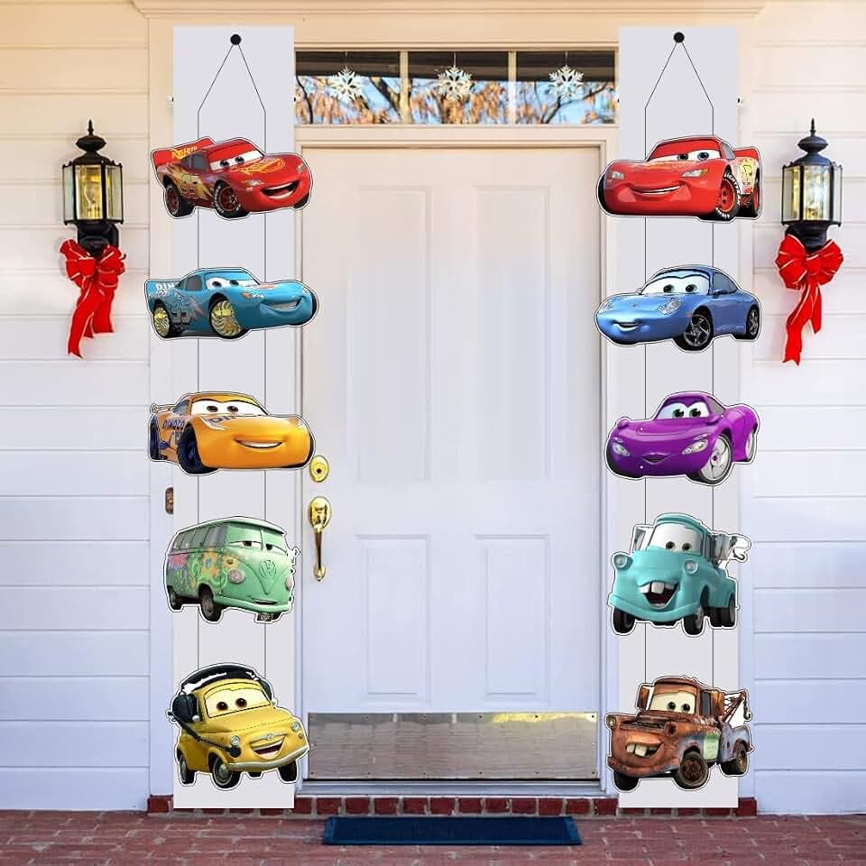 2pcs Cars Theme Porch Sign Door Hanging Banner, Cars Birthday Party Supplies for Kids Party Wall Decorations