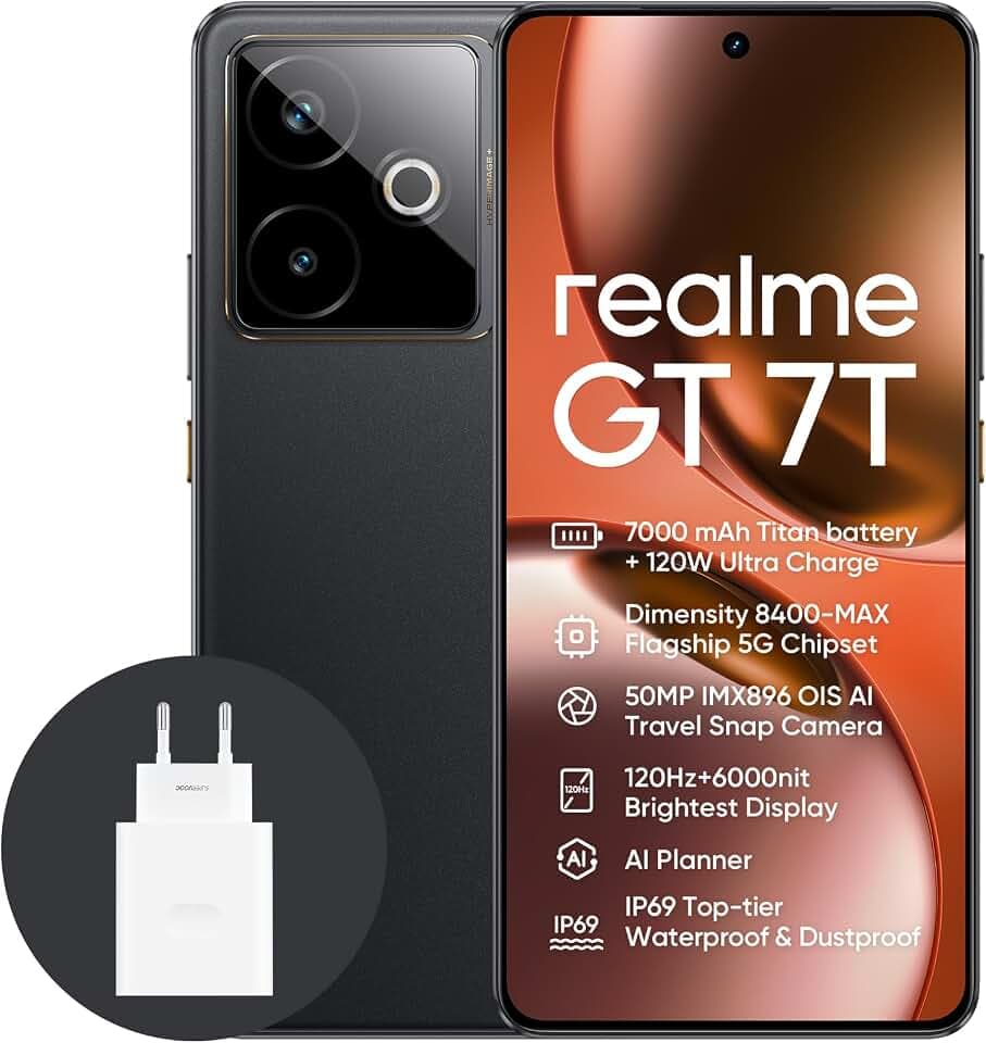 realme GT 7T 5G Smartphone,12+256GB,7000 mAh Battery,120W Charge,Dimensity 8400-MAX Chipset,IMX896 50MP Camera, AI Planner,6000nits Pro-Esports 120Hz Display,IP69,Black,Amazon Exclusive