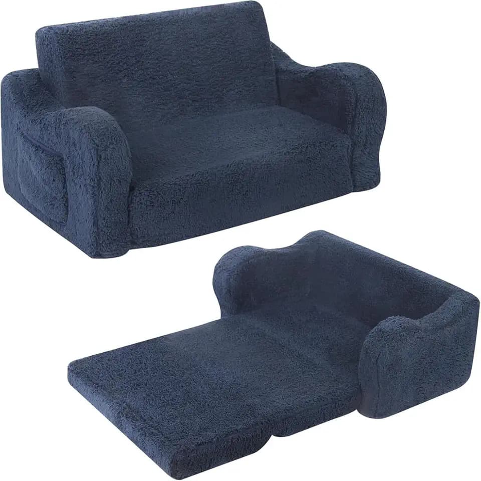 MOMCAYWEX Kids Sofa Chair, Extra Wide 2-in-1 Foldable Couch,Sherpa,DarkBlue