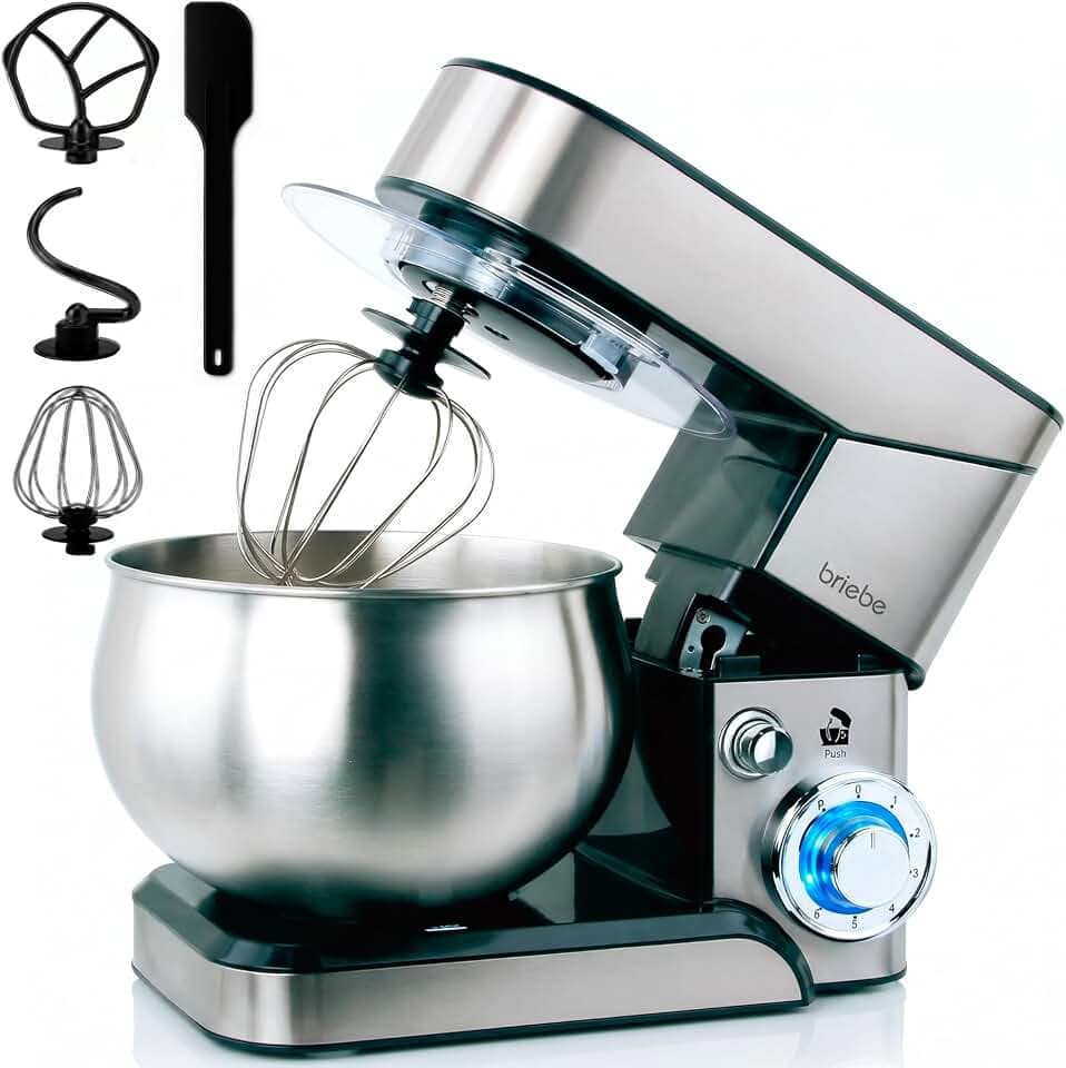 briebe Knetmaschine Küchenmaschine Professionelle 1800W MAX, Orbitalbewegung, Schneebesen, Knethaken, Rührblatt, 5-Liter-Schüssel, 6 Geschwindigkeiten + Impulsfunktion, Edelstahl KM1114