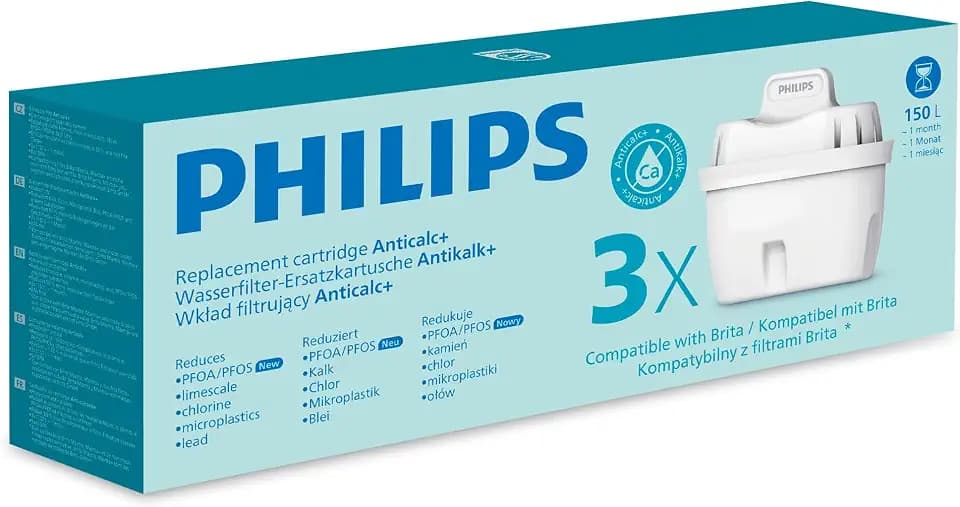 Philips Water Wasserfilter-Kartusche Antikalk+, 3er-Pack, BIS ZU 50 % WASSERHÄRTE REDUZIERUNG, reduziert Chlor, Mikroplastik und andere Verunreinigungen, Kompatibel mit brita*