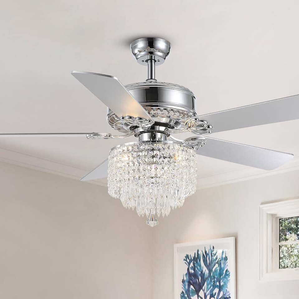 52" Modern Fandelier, Crystal Ceiling Fan with Lights and Remote, Sliver Elegant Chandelier Fan Light with 5 Wooden Dual-Sided Blades for Bedroom Living Room,6 Speed Reversible Motor,Timing