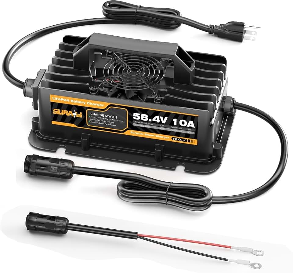 Suraziki 48Volt 10Amp Lithium Golf Cart Battery Charger-58.4V Onboard Battery Charger for 51.2V 16S LiFePO4 Battery with Ring Terminals Plug