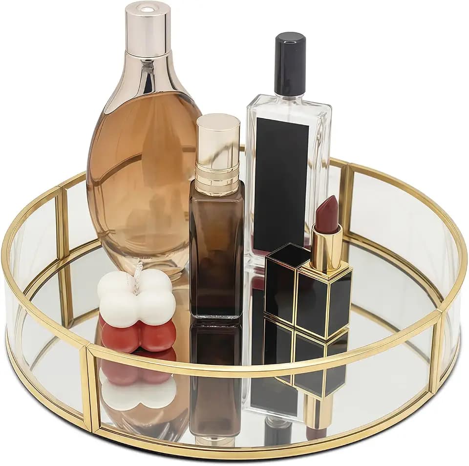 Deko Tablett Rund, SLHEQING Spiegeltablett Gold Badezimmertablett Glass Make up Organizer Vintage Kosmetik Organizer Aufbewahrung Tablett für Badezimmer Schminktisch