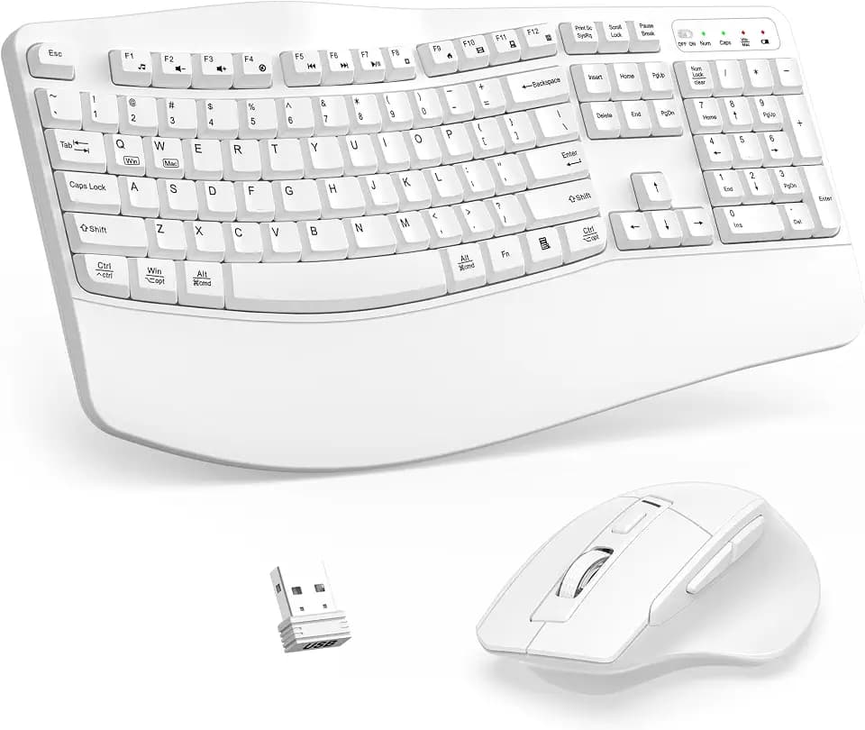 Wireless Keyboard and Mouse Combo, 2.4G Ergonomic Wave Keys(White)