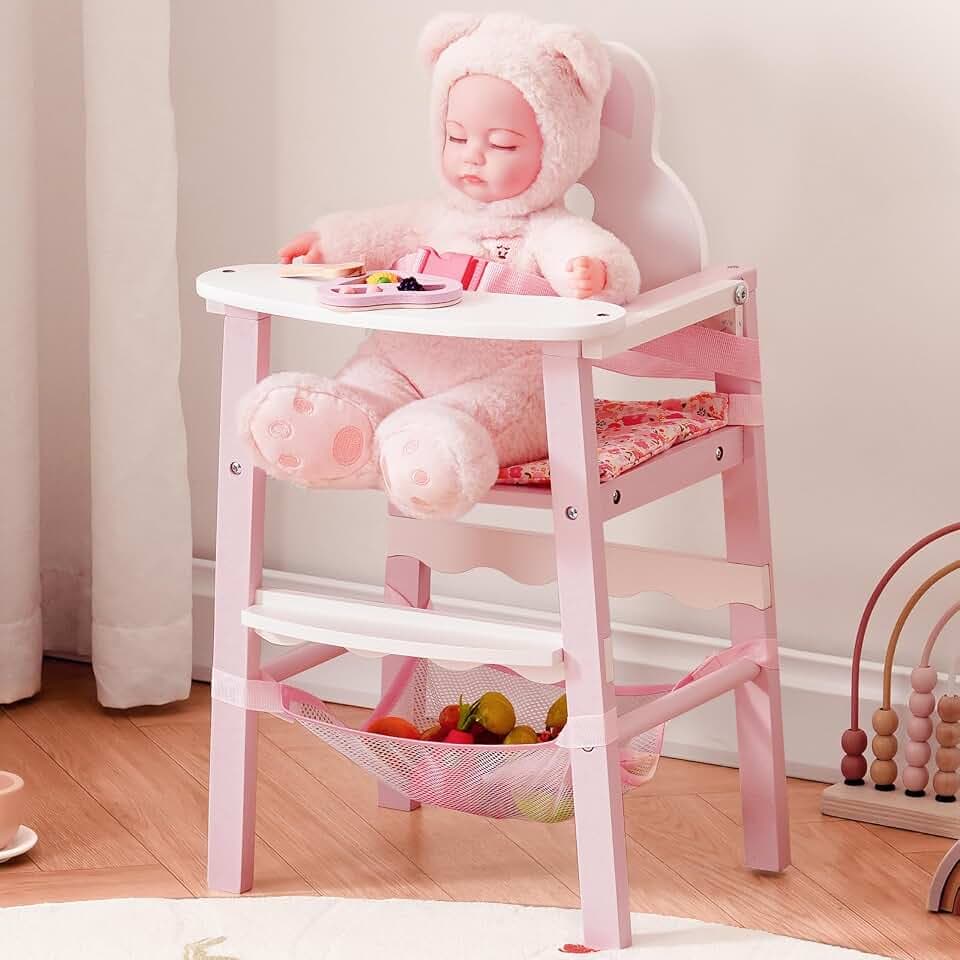 ROBOTIME Wooden Baby Doll High Chair – Pretend High Chair Toys for 18" Dolls – Doll Feeding Chair Toy with Tray – Baby Doll Furniture for Girls Ages 3+
