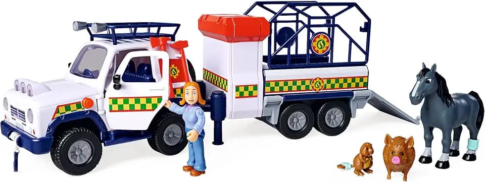 Simba Feuerwehrmann Sam Tierrettung mit Anhänger, Anhänger aufklappbar zur Station, Fahrzeug mit Licht, mit Figur, Tiere, Zubehör, L:34cm, ab 3 Jahren