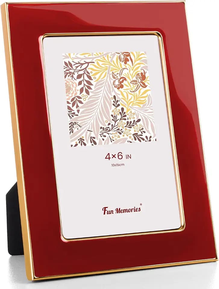 Fun Memories 4x6 Enamel Picture Frame with HD-Tempered Glass, Gold Metal Edge with Easel, Vertical & Horizontal Display, Wall and Tabletop Display Family Photo Gallery (Red Enamel,1P)