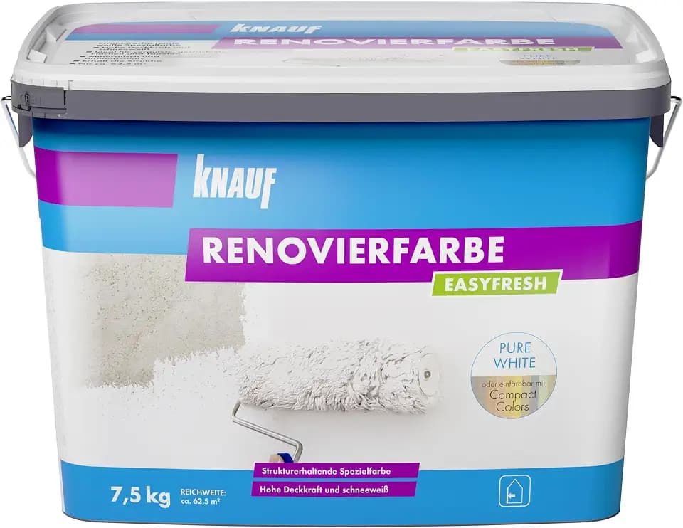 Knauf EASYFRESH Renovierfarbe mit hoher Deckkraft – extrem hoch deckende Wandfarbe, Innen-Farbe VOC-konform und emissionsarm, Schnee-Weiß, 7,5-kg