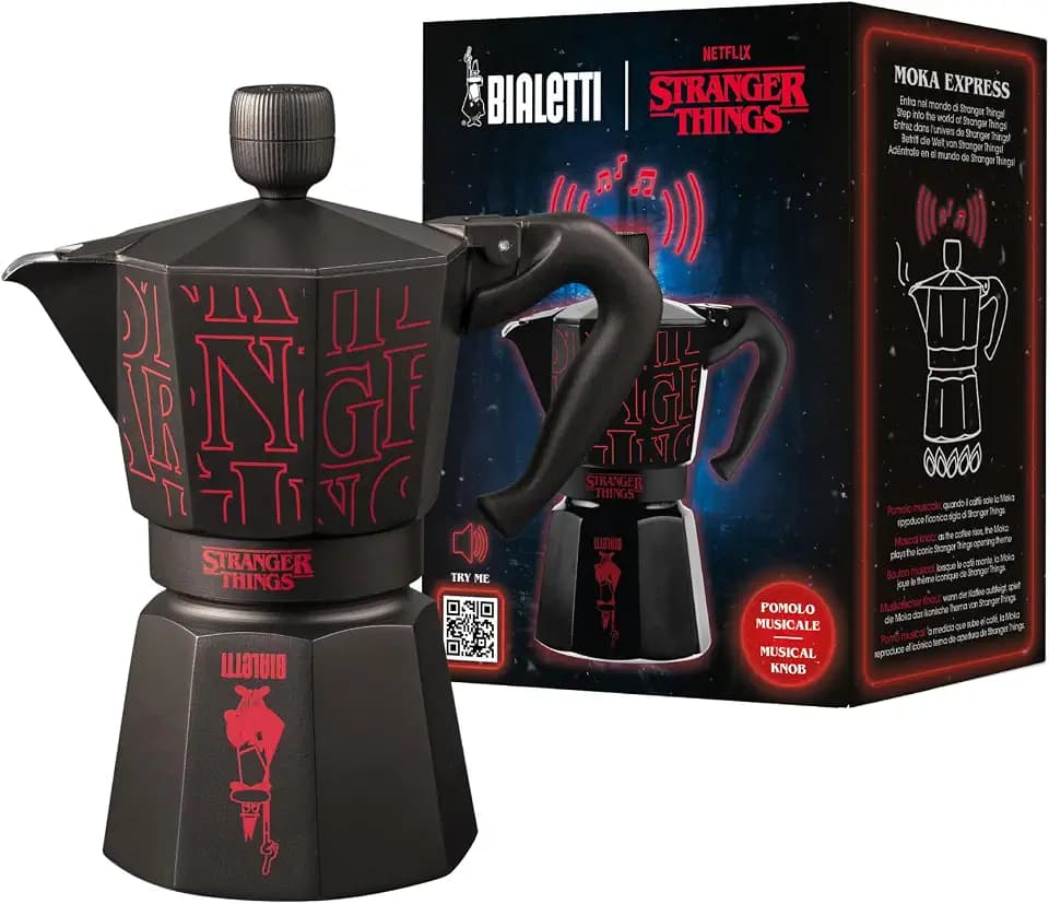 Bialetti Moka Express Stranger Things 6 Tassen, Musikalischer Knauf mit USB-C Ladefunktion, nicht induktionsgeeignet, 6 Tassen (270 ml), Schwarz