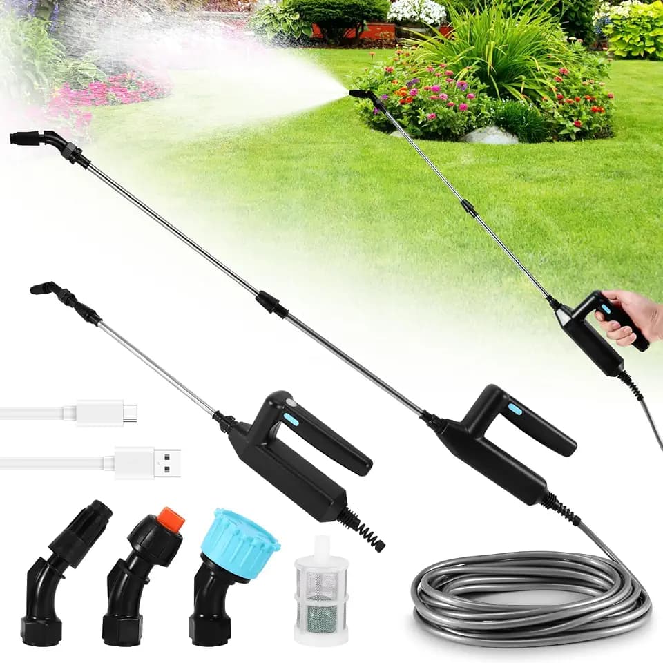Akku Drucksprüher, Elektrischer Drucksprüher mit 3 Düsen & 8M Schlauch, Elektrischer Pflanzensprüher mit 60CM Teleskopstab,Tragbarer Sprühstab für Garten, Rasen und Unkraut