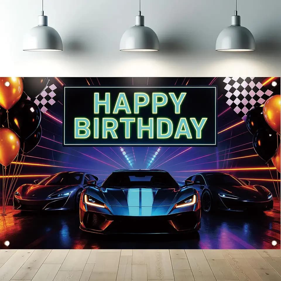 Neon Sports Car Racing Happy Birthday Backdrop Banner Luxury Cars Photography Background Racing Party Decorations Photo Booth Supplies 71x43 Inch