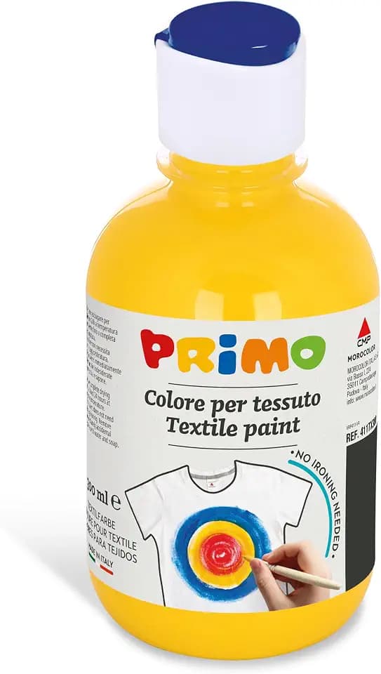 Primo – Permanente Textilfarben in 300 ml-Flasche, Leuchtende und Abdeckende Acrylfarben für Kinder ab 4 Jahren und Erwachsene, Malerei für Stoffe, Ideal für T-Shirts, Taschen, Jeans, Schuhe und Mehr