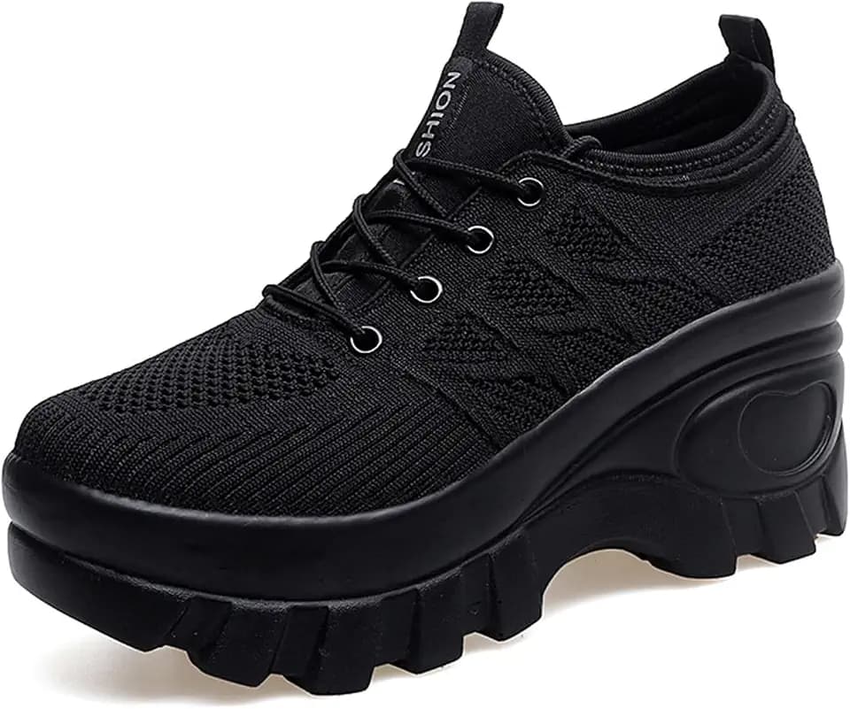 Women's Chunky Platform Comfort Orthopedic Wedge Walking Shoes Fashion Knitted Breathable Lace Up Lug Sole Casual Non-Slip Running Shoes with Arch Support