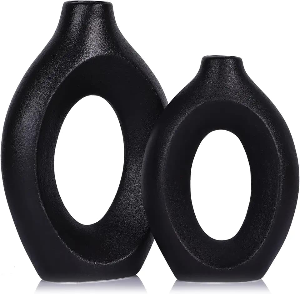 Black Vase Set of 2, Modern Hollow Matte Black Ceramic Vase, Boho ins Style Decorative Pampas Grass Flower Vase for Living Room, Centerpieces, Wedding, Bedroom, Kitchen, Dining Table and Office Decor
