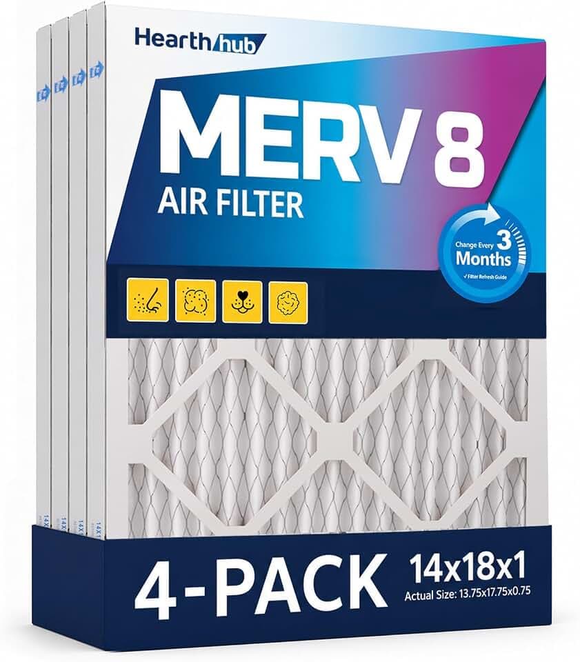 14×18×1 MERV 8 Furnace Air Filters - HVAC/Furnace AC Filter Replacement (Actual Size 13.75x17.75x0.75) - Pleated Dust Defense Air Filters for Home Office (4 Pack)