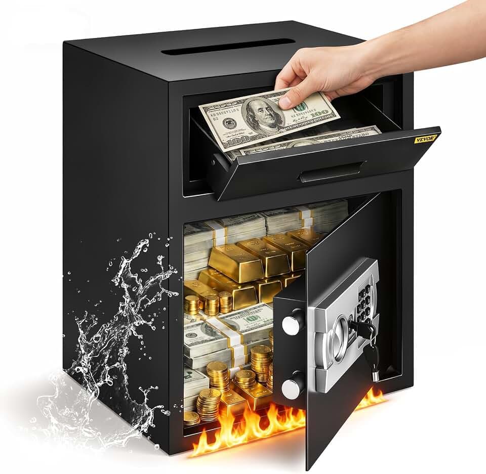 VEVOR Safe mit Einwurfschlitz Diebstahlsicherung, elektronischer Sicherheitstresor aus Kohlenstoffstahl, feuerfest, 2 Schlüssel, 2 Code-Sets, digitaler Safe LCD Dokument Waffe