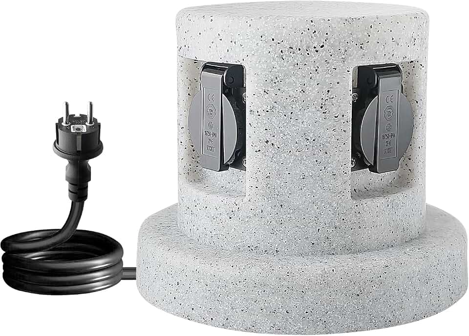 Garten Steckdosensäule Granit-Optik mit 4-Fach Steckdosen und 1m Gummikabel, IP44, Kunststoff, max.3600 Watt,Außensteckdose Garten Stein