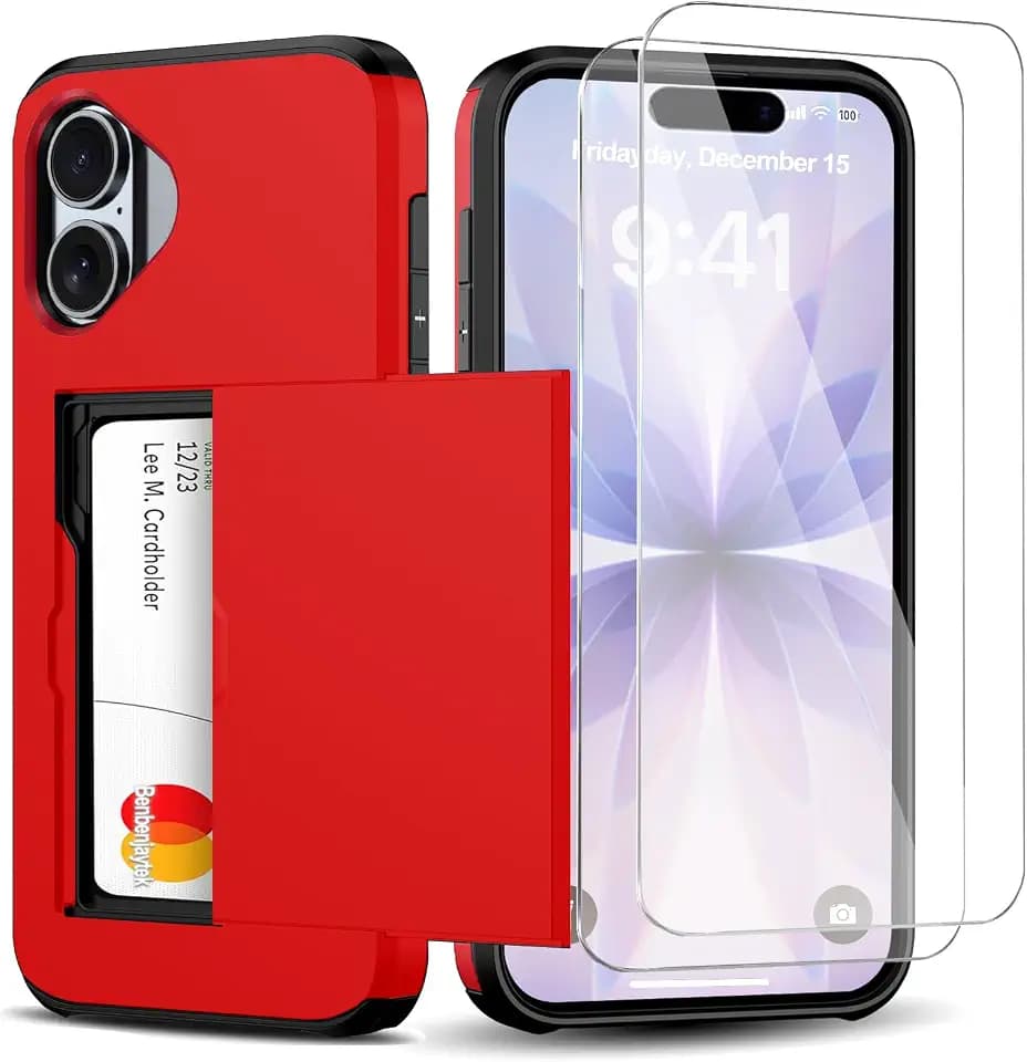 for iPhone 17 Wallet Case with Card Holder + 2 Tempered Glass Screen Protector Protective Shockproof Hidden Card Slot Slim Case Women Men for iPhone 17 6.3″(Red)