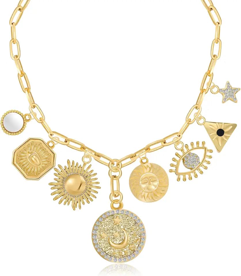 Dainty Gold Evil Eye Hamsa Hand Coin Lucky Charm Pendant Necklace for Women Trendy Vintage Paperclip Chain Sun Moon Clover Flower Chunky Charm Necklace Jewelry Gifts