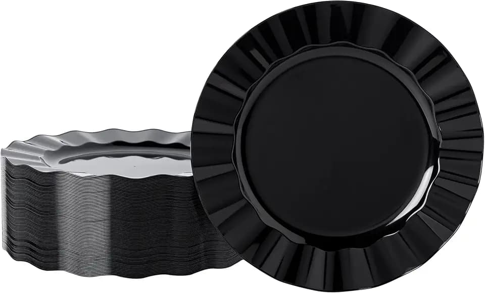 72 Pack Black Plastic Plates, 10" Disposable Wave Edge Dinner Plates