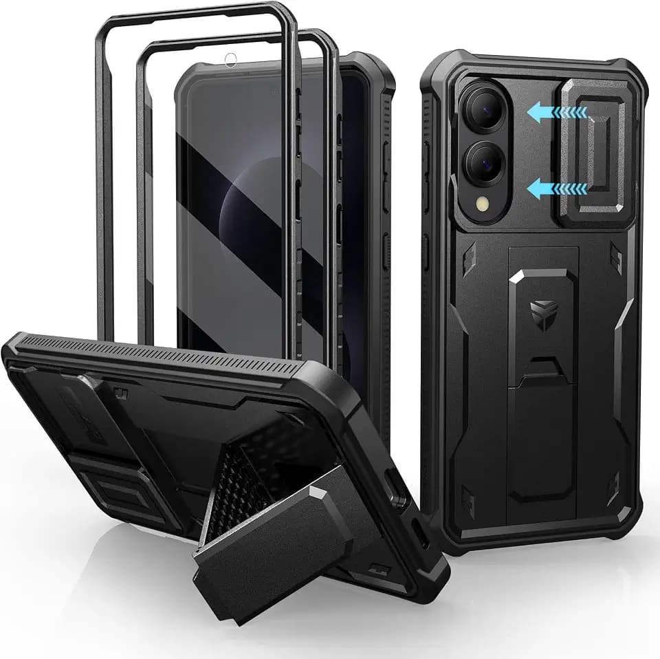 Dexnor for Samsung Galaxy S25 Edge Case with Upgraded Slide Camera Cover & 2 Front Frames & Built-in Screen Protector & Kickstand, Heavy-Duty Rugged Case Full-Body Bumper Protective Cover,Black