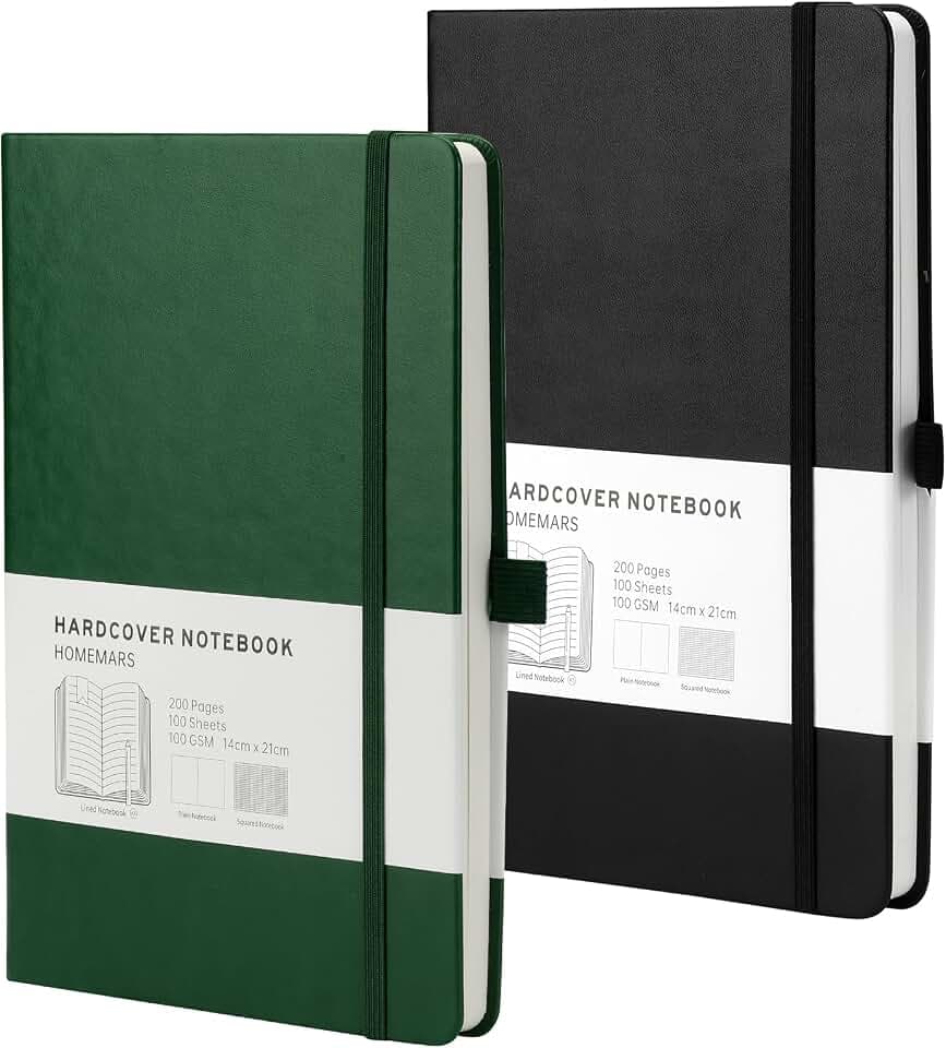 HOMEMARS Notizbuch, Notebook, Blanko A5, Notizbuch a5, Journal buch, Skizzenbuch, Notizblock, Notizbücher a5, 100GSM, 200 Pages, 2 Stück, Blanko Papier,Leder Hardcover,Grün Schwarz