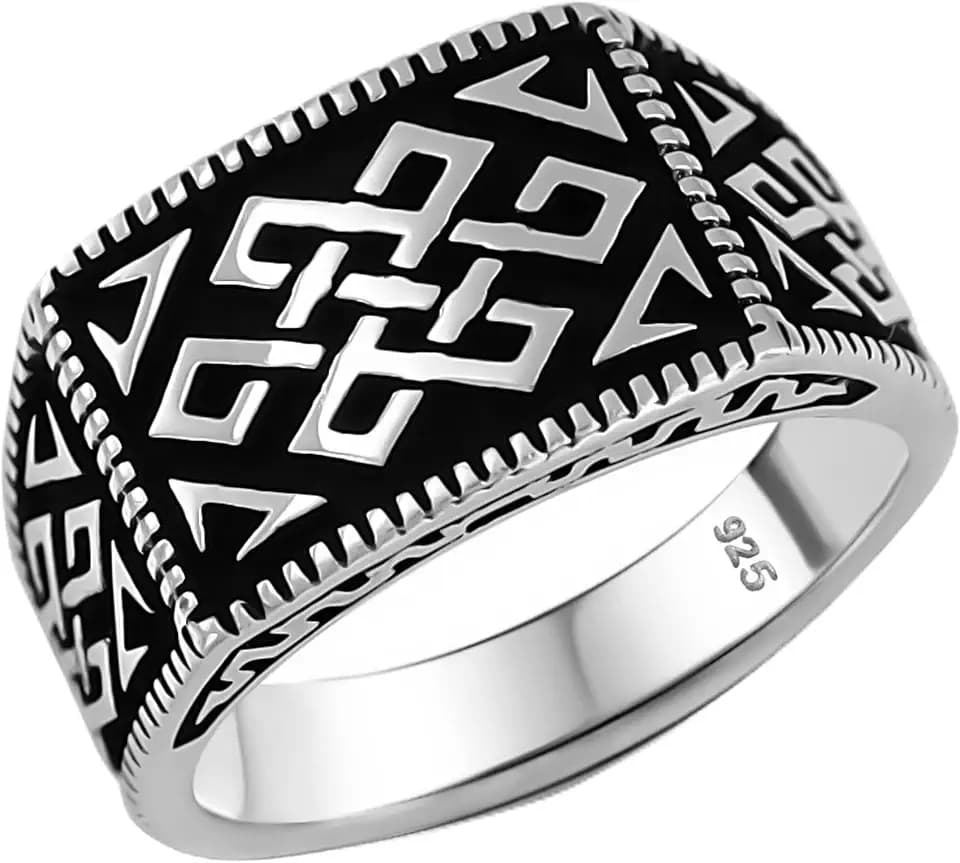 Solid 925 Sterling Silver Special Anatolian Motif Luxury Turkish Men's Ring