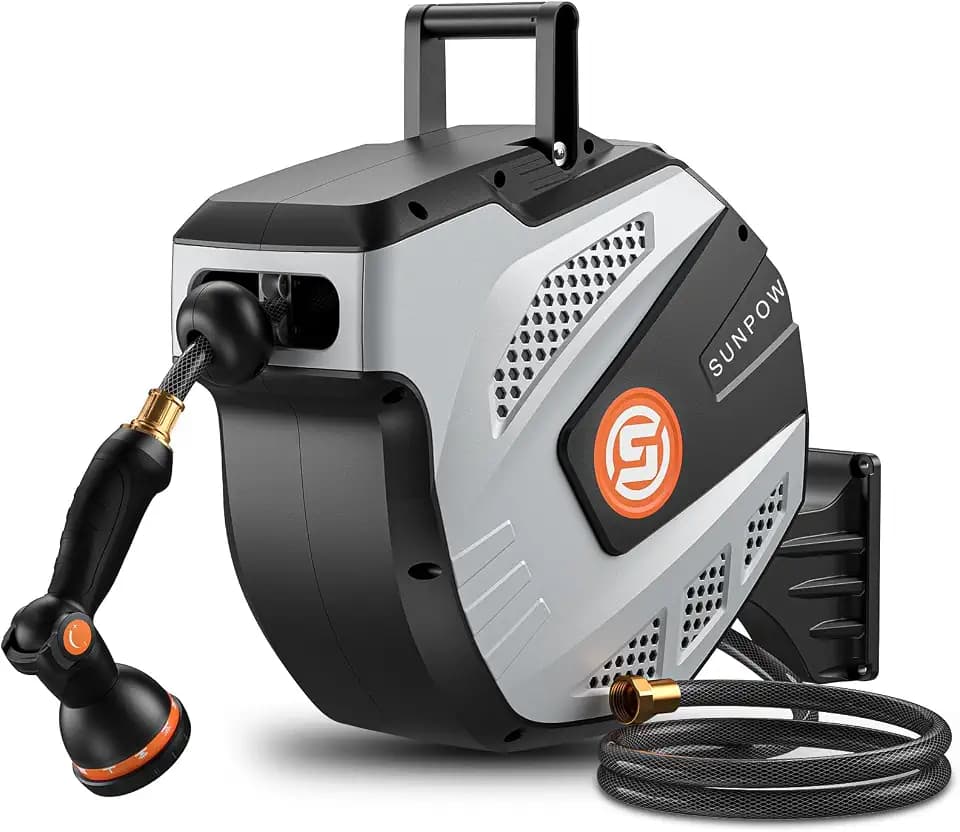 SUNPOW Retractable Garden Hose Reel - 1/2 inch x 50ft Heavy Duty Wall Mounted Hose Reel with 3/4 inch Brass Fitting & 10 Sprayer Nozzle - Any Length Lock, Auto Rewind System, 180°Swivel Bracket- Grey