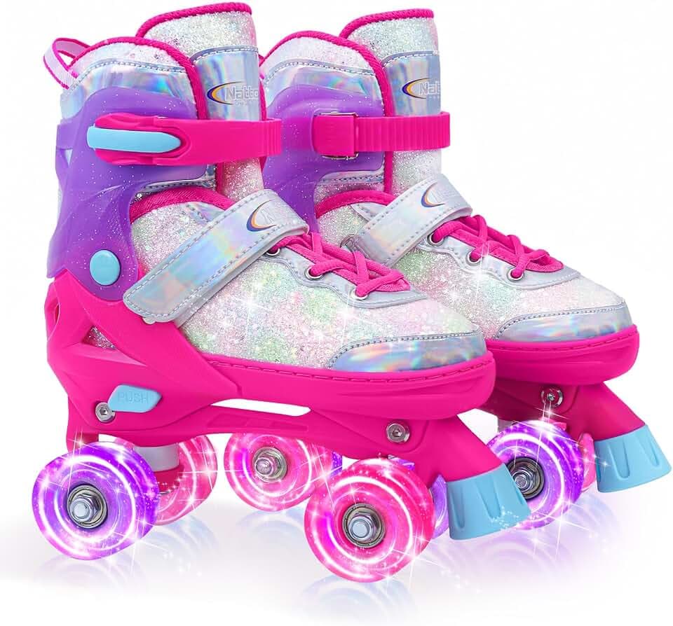 Nattork Kids Roller Skates for Girls Kids, 4 Sizes Adjustable Girls Roller Skates for Ages 3-12 with Light up Wheels & Safety Protection - Cool Birthday Gift for Indoor Outdoor Sports