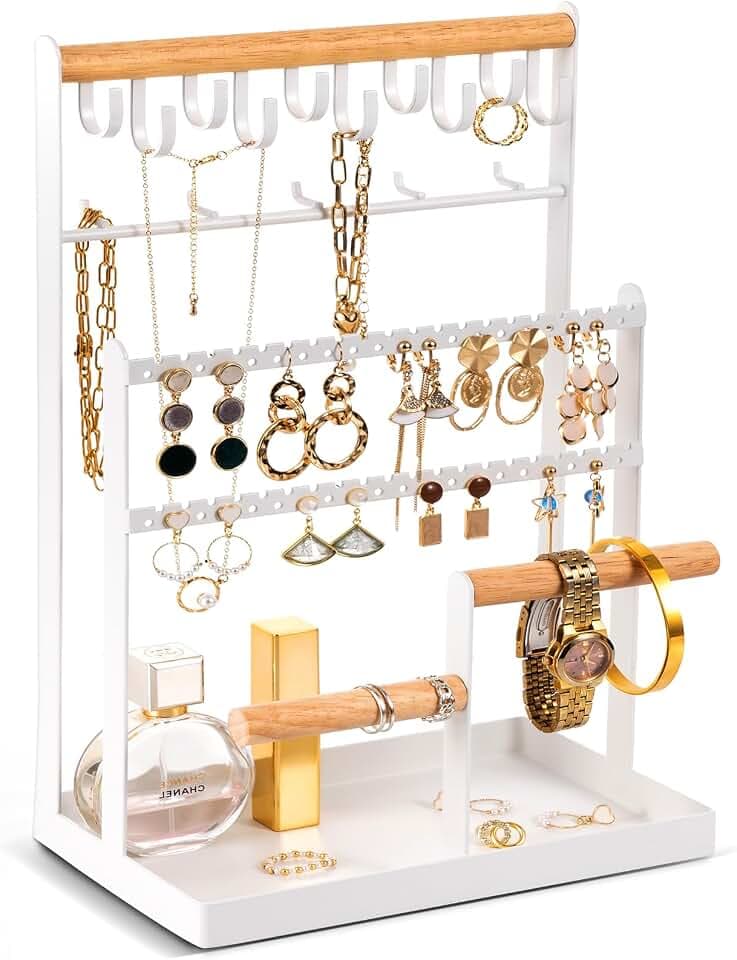 ProCase Schmuckständer Schmuckhalter für Ohrring Ohrstecker Ketten Schmuck Organizer Jewelry Ständer mit 15 Haken, 40 Löcher Ohrringhalter Schmuckaufbewahrung für Halsketten Armbänder Ringe -Weiß
