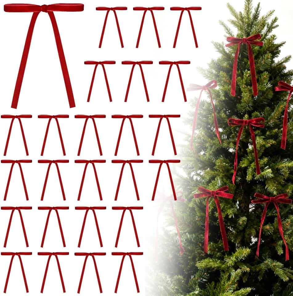 24 Pack Red Velvet Ribbon Bows for Christmas Tree | Vintage Rustic Velvet Christmas Ornaments for Door Room Wreath Decor & Gift Wrapping