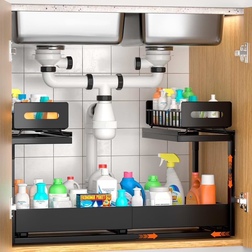 spülenunterschrank organizer 2 tiere ausziehbarer schrank organizer mit ausziehbaren schubladen, höhe einstellbar unterschrank regal spülschrank für Küche bad organisation rack(Schwarz)