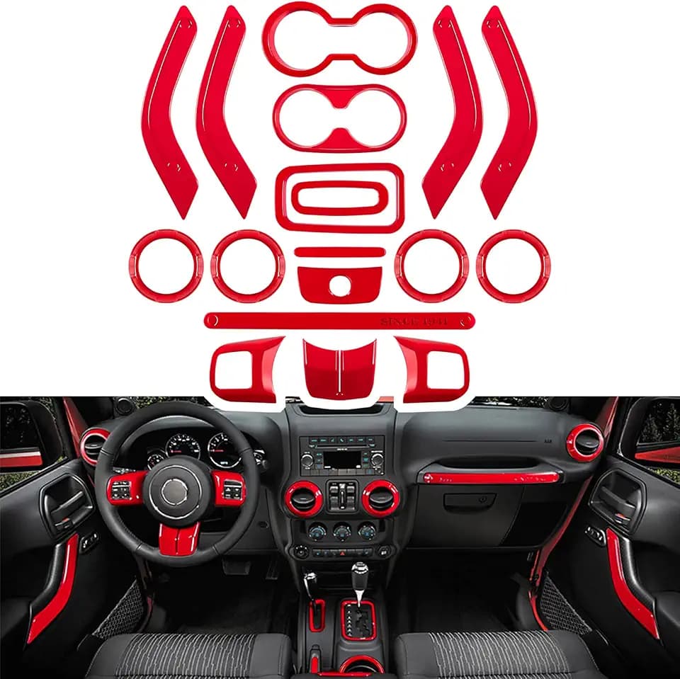 E-cowlboy 18 PCS Full Set Interior Decoration Trim Kit Steering Wheel Center Console Door Handle Air Conditioning Vent Cup Holder Gear Cover Trim for Jeep Wrangler JK JKU 2011-2018 4-Door (Red)