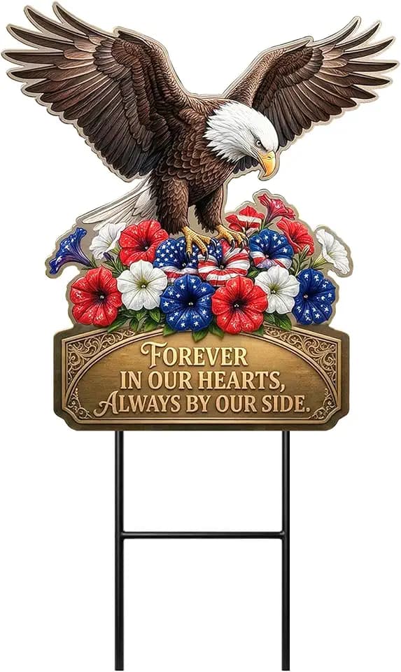 20" Patriotic Eagle Garden Stake Memorial Decor - Metal Forever in Our Hearts Grave Marker for Cemetery - July 4th Independence Day Yard Art, 250th Anniversary Veterans Gift