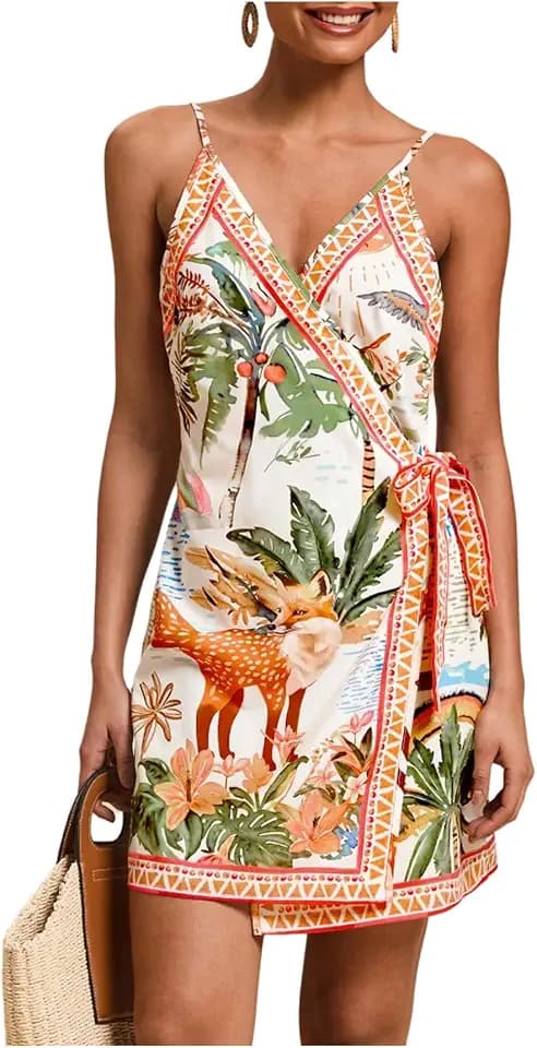 RoseSeek Women's Tropical Print Wrap Dress Sleeveless Vacation Dresses