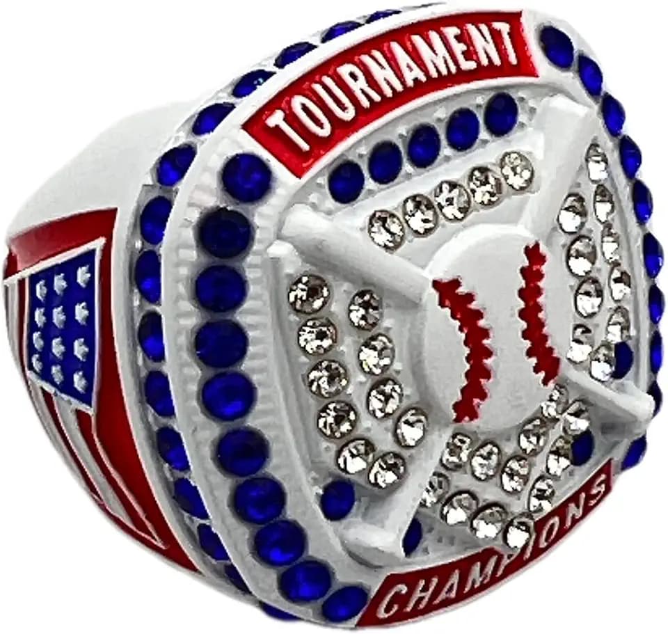 Discount Sports Rings HOME PLATE CHAMPION RING — WHITE BODY, BLUE STONES, RED SIDES, NATIONAL Premium Softball Baseball Ring/Player/Team Awards/Tournament Ring 10-8
