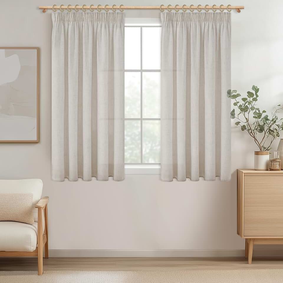 MRTREES Gardinen mit Kräuselband Elfenbeinweiß Leinenoptik Kurz Fenster Wohnzimmer, Vorhang Leinen Halbtransparent 2er Set 130 cm Lang 140 cm Breit, Vorhänge Küche Kinderzimmer Landhausstil