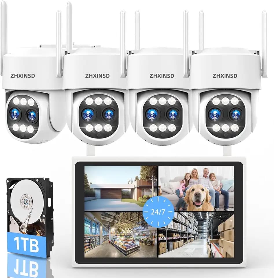 Dual Lens 4MP+4MP 10X Zoom Wireless Security Camera System with 10” Monitor, 24/7 Record PTZ Cameras for Outdoor/Indoor Home Security, Auto Tracking, 4K NVR with 1TB HDD, No Monthly Fee