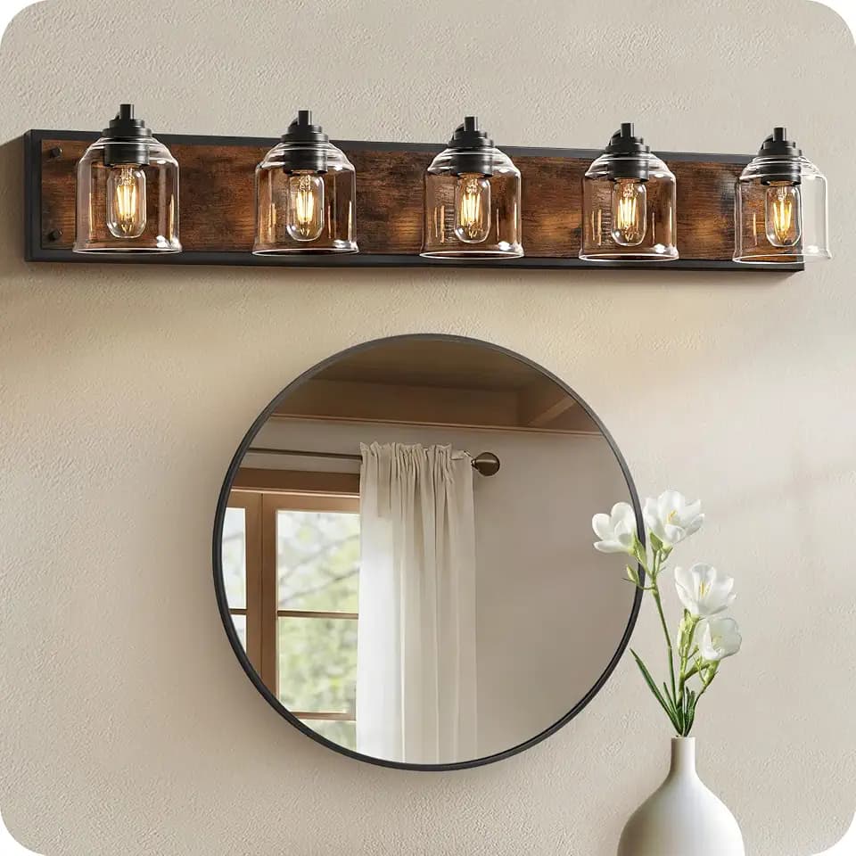 5-Light Bathroom Fixture, 39.8" Large Farmhouse Vanity Light, E26 Base (Bulbs Not Included), Thickened Glass Shade, for Bathroom, Bedroom, Vanity, Hallway, Rustic Brown and Black F21BD05