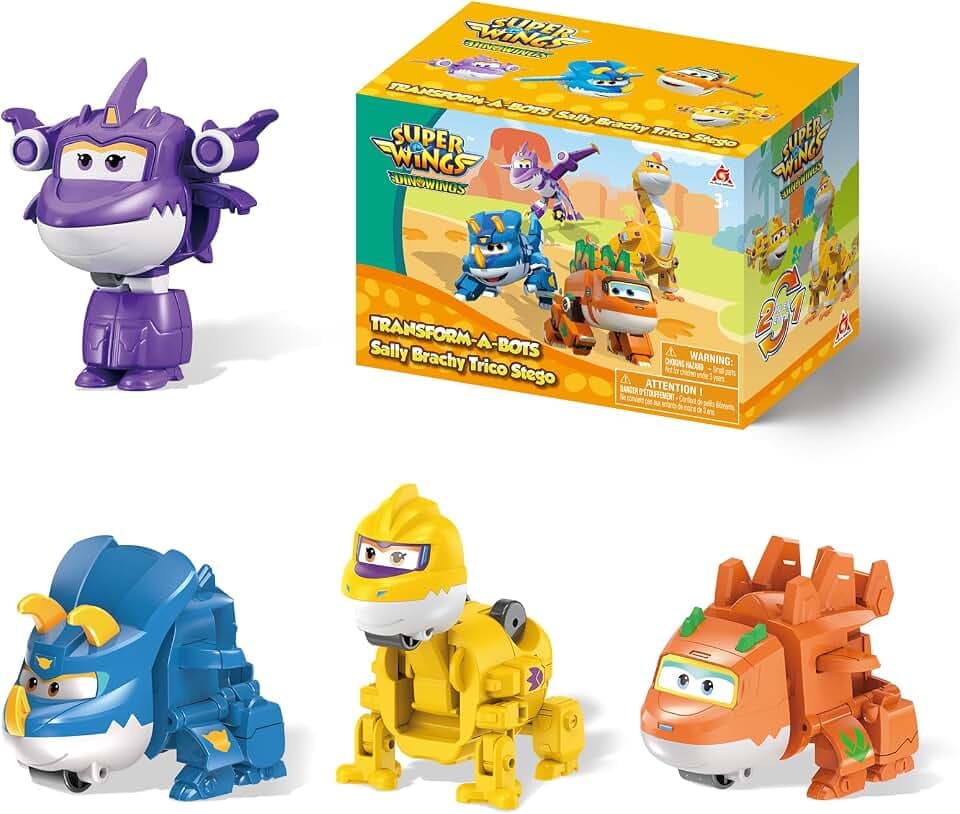 Super Wings 2" Transform-a-Bots 4-Pack, Supercharged Sally, Stego, Trico, Brachy, Airplane Toys Vehicle Mini Figures, Fun Toys for Kids, Transformable Toy for 3 4 5 Year Old Boys and Girls