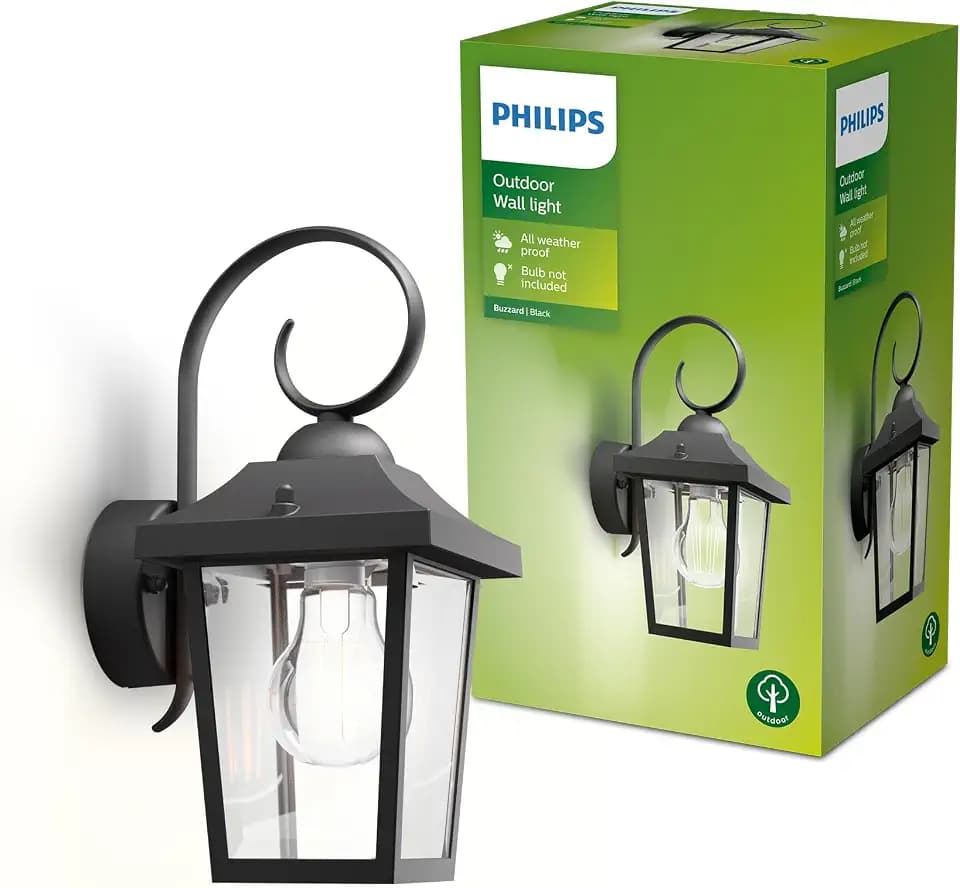 Philips Buzzard Außen-Wandlaterne + E27 LED-Lampe, warmweißes Licht, IP44-wetterfest, langlebig, Aluminium, klassisches Design, schwarz
