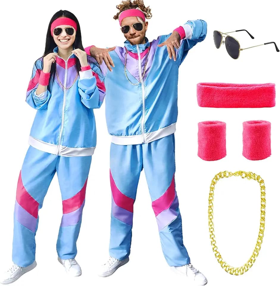 90er 80er Jahre Kostüm Erwachsene, Retro Trainingsanzug für Männer Frauen, Retro Jogginganzug mit Stirnband Armbänder Brille, 80er 90er Kostuem Anzug Paare Bad Taste Outfit für Karneval