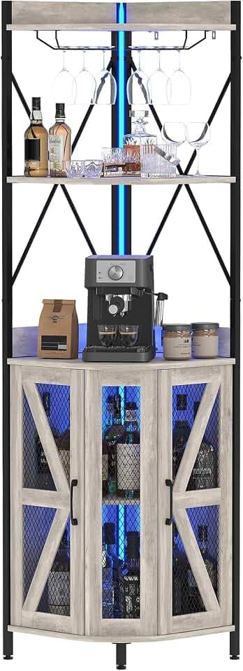 GAOMON Corner Bar Cabinet with Power Outlet, Industrial Wine Cabinet with LED Strip and Glass Holder, 4-Tiers Liquor Cabinet Bar Unit for Home, Corner Display Cabinet for Small Space, Grey